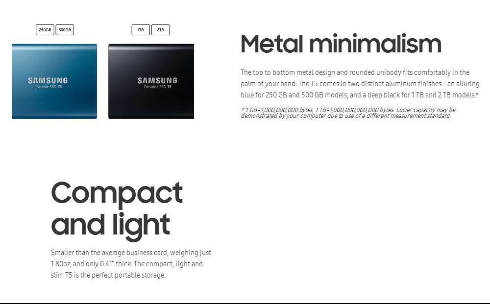 Samsung T5 1TB Portable SSD With USB 3.1 Hardware Encryption - Lake Blue