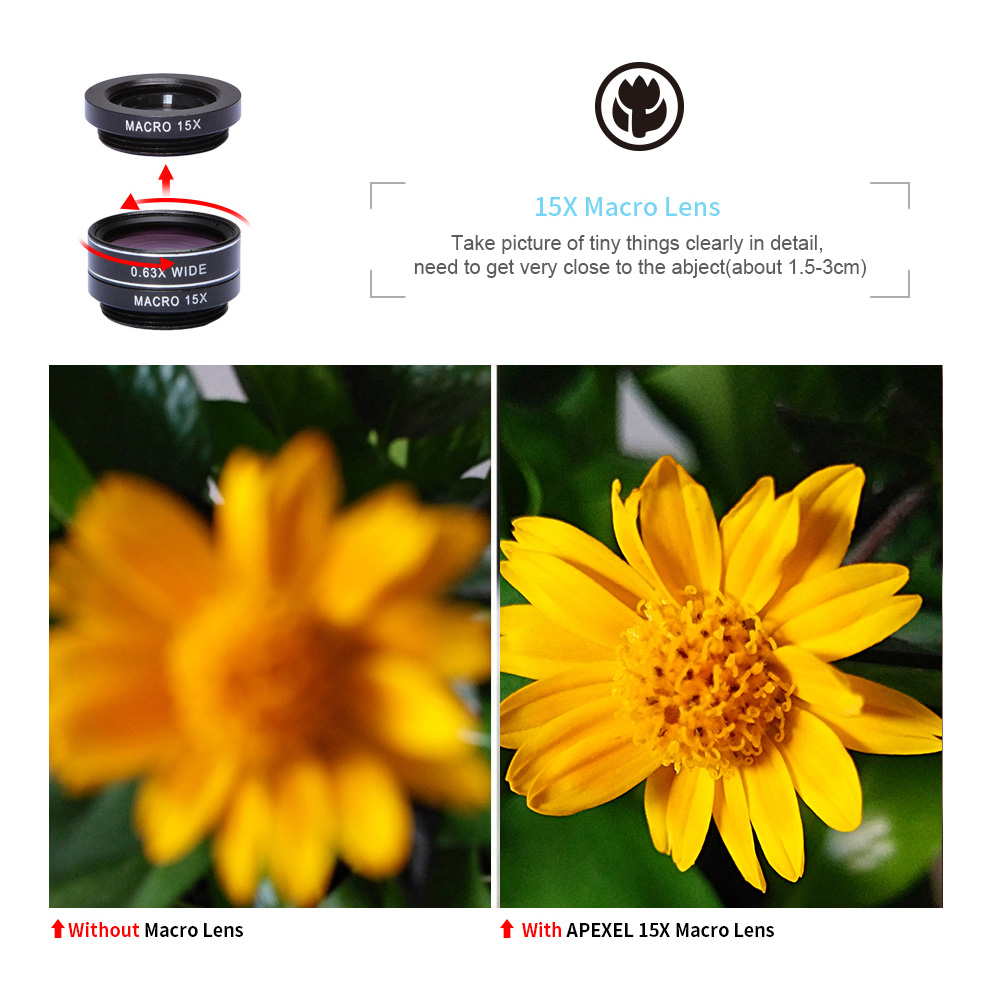 Apexel APL-DG7 7 in 1 Wide Angle + Macro Lens Clip External Phones Camera Lens Kit - Black