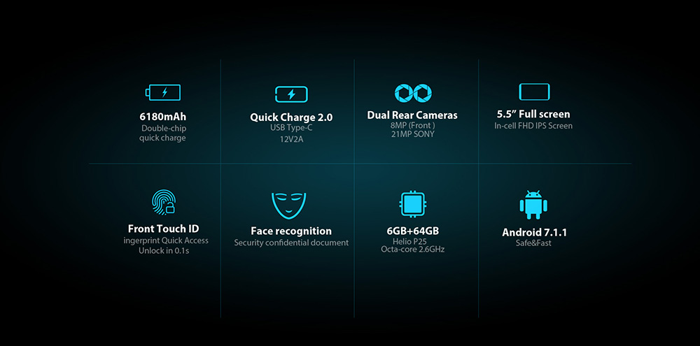 [HK Stock]Blackview P6000 5.5 Inch 4G LTE Smartphone Full Screen 6180mAh Large Battery 6GB 64GB 21.0MP+5.0MP Dual Rear Camera Helio P25 Octa Core Android 7.1 Touch ID + Face ID Quick Charge - Black