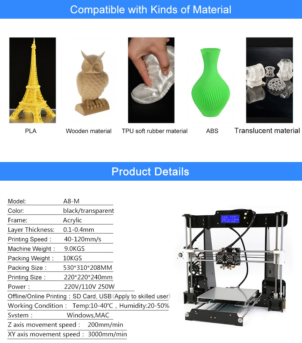 Anet A8-M Desktop 3D Printer Kit Dual Extruder 220*220*230mm Printing Size - Black