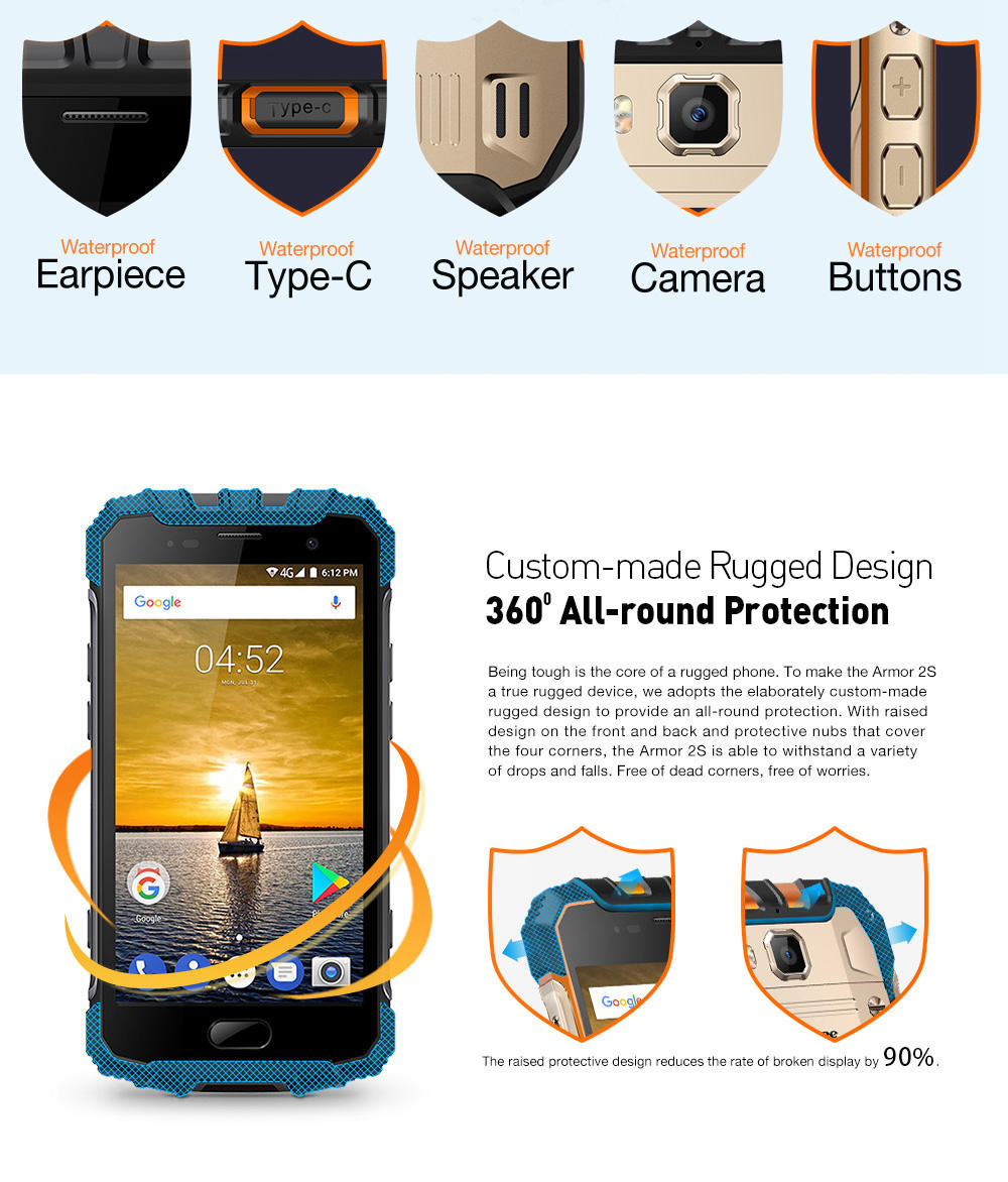 [HK Stock]Ulefone Armor 2S 5.0 Inch IP68 Waterproof 4G LTE Smartphone FHD Screen 2GB 16GB MT6737T Quad Core 13.0MP Camera Android 7.0 Touch ID NFC Fast Charge - Gold