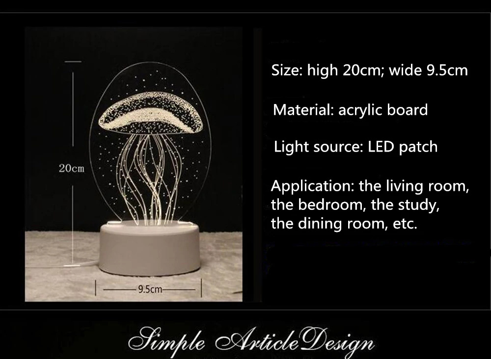 3D Jellyfish Creative LED Night Light USB Charge Touch Acrylic Desk Lamp -White