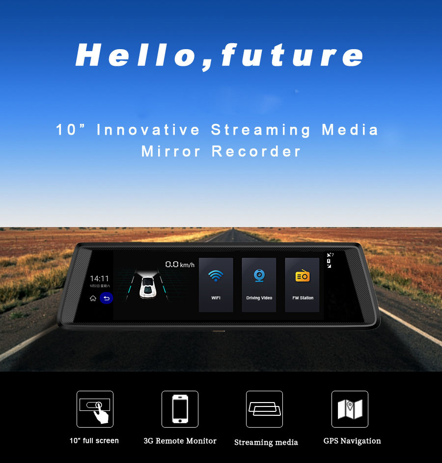 V6 MTK6582 10 Inch 3G Dash Camera Android 5.0 FHD 1080P WiFi Dual Lens GPS 160 Degree Wide Angle - Black