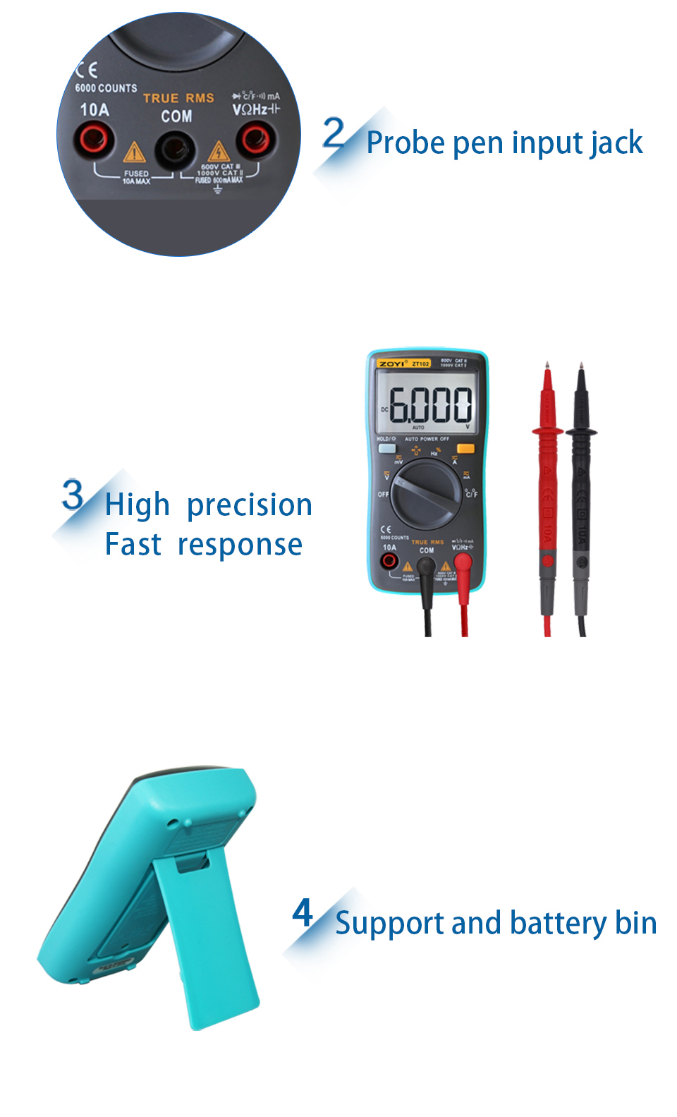 ZOYI ZT102 Digital Multimeter Auto Range True-RMS with Capacity Measurement/Temperature Test