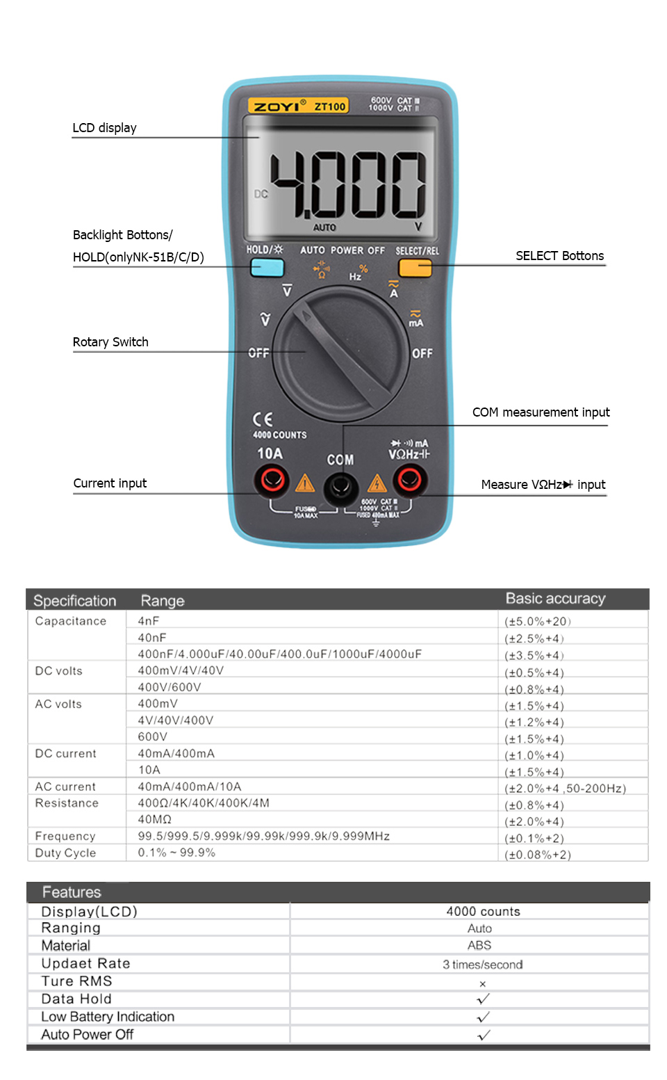 ZOYI ZT100 Automatic Range Digital Multimeter Portable Electric DC/AV Counter Testing