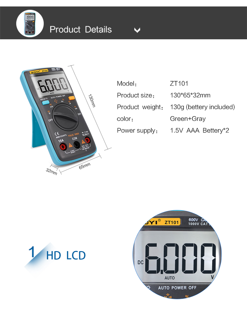 ZOYI ZT101 Handheld Digital Multimeter 6000 Counts Backlight AC/DC Ammeter Voltmeter Ohm Meter