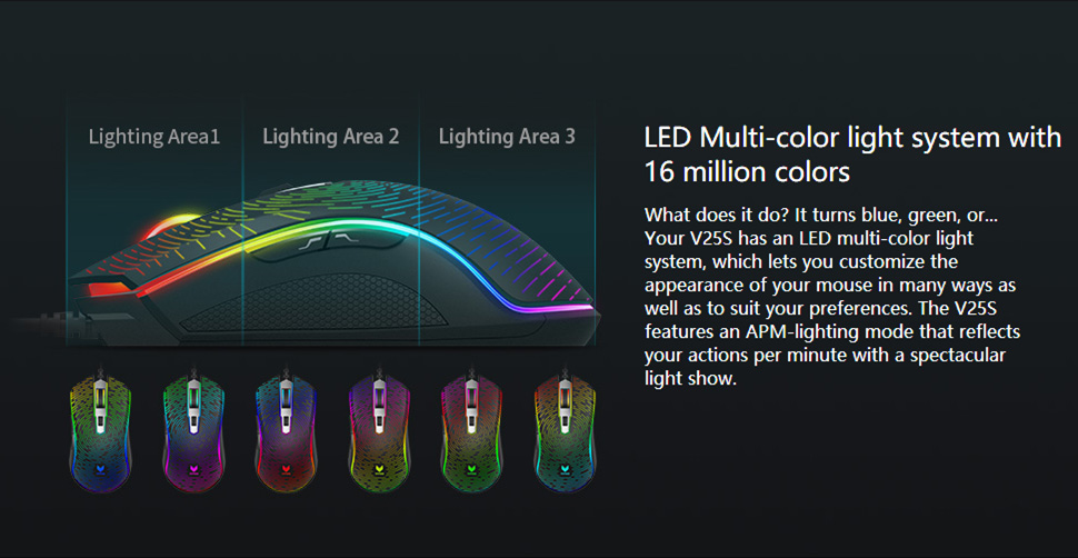 Rapoo V25S Wired Gaming Mouse LED Multi-color Backlight Accurate Navigation With Sided Buttons - Black