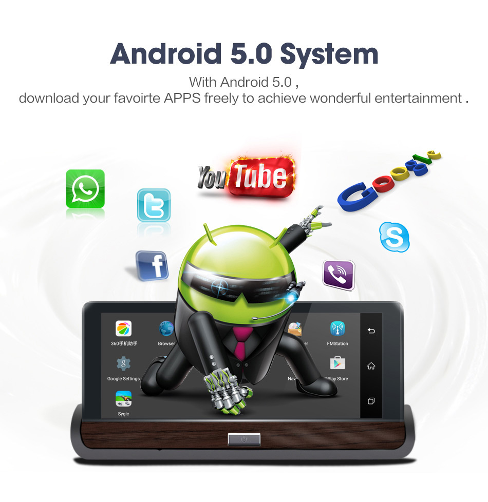 V40 MTK6582 7 Inch 3G Dash Camera FHD 1080P WiFi Android 5.0 GPS Rear-mirror DVR 140 Degree FOV Dual Lens - Black