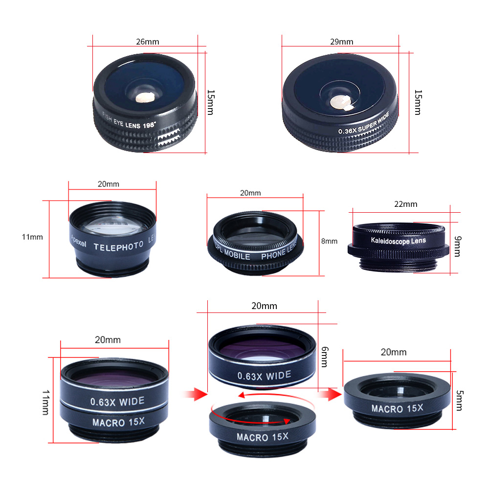 Apexel APL-DG7 7 in 1 Wide Angle + Macro Lens Clip External Phones Camera Lens Kit - Black