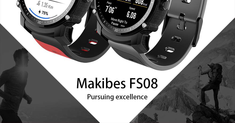 Makibes FS08 Smartwatch GPS Heart Rate Monitor MTK2503 Bluetooth IP68 Water Resistant Compatible with iOS Android  - Black+Gray