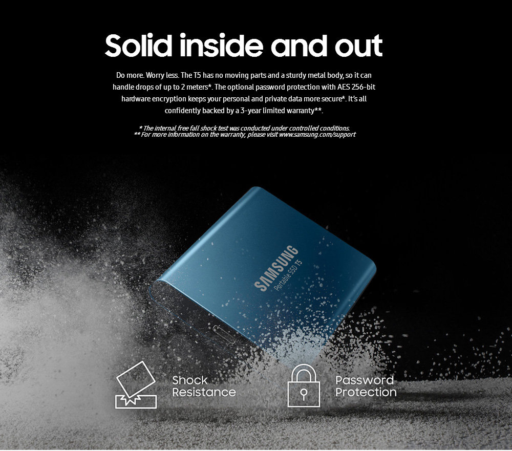 Samsung T5 1TB Portable SSD With USB 3.1 Hardware Encryption - Lake Blue