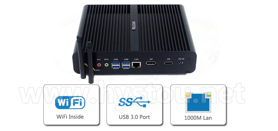 Hystou FMP05B Intel Core i7-7500U 8GB RAM 256GB SSD 4K Fanless Mini PC 2.4G WiFi Bluetooth Gigabit LAN HDMI+DP 4*USB3.0 SATA