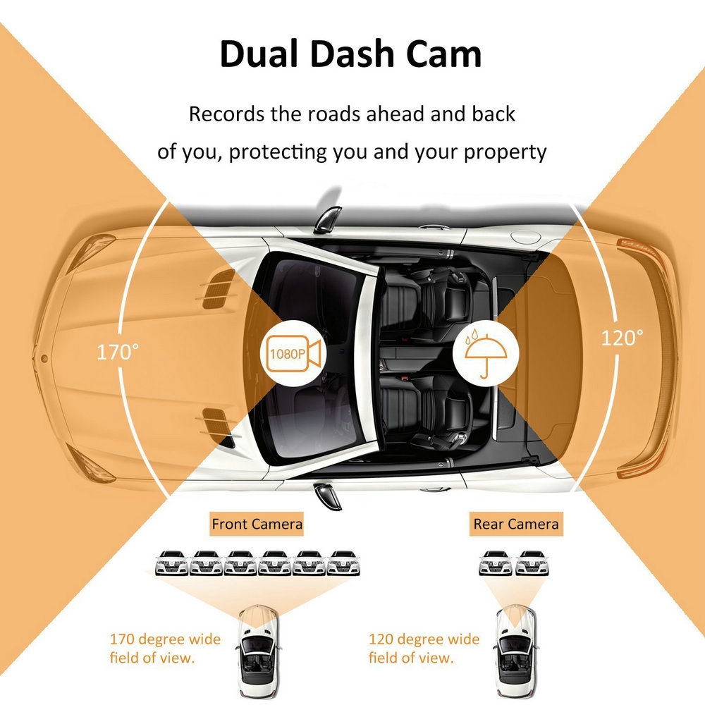 Azdome A305D NT96658 Sony IMX323 2.45 Inch LCD Dash Camera Dual Lens FHD 1080P 170 Degree Wide Angle - Black