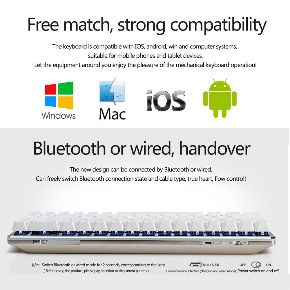 Ajazz Zinc Wired Wireless Bluetooth Mechanical Keyboard Cherry Blue Switch Aluminum Plate 68 Keys - White Silver