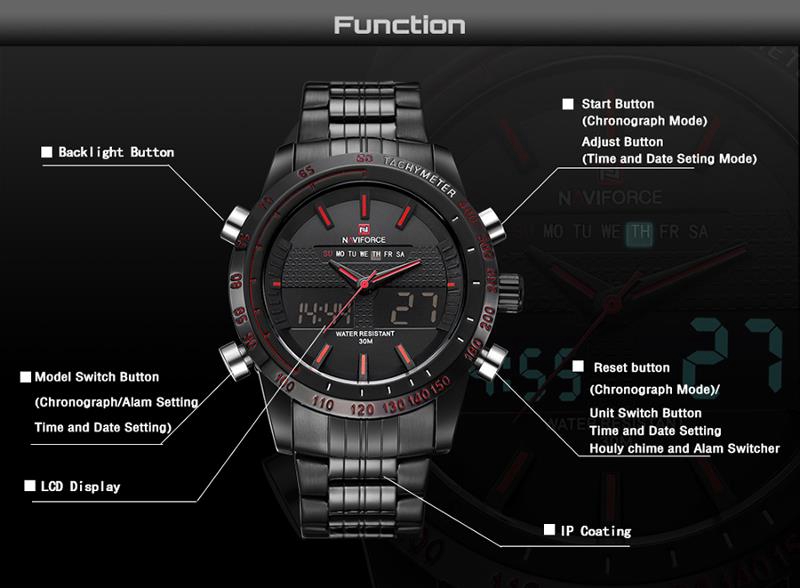 NAVIFORCE NF9024 Men Wrist Watch Water Resistant Military Dual Display Week Date -Black+Red