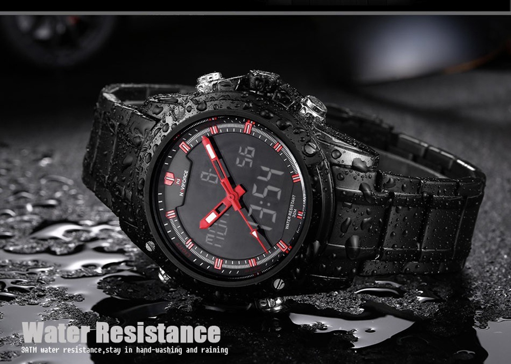 Naviforce 9050 Men Wrist Watch Water-resistant LED Digital Stainless Steel Band -Red
