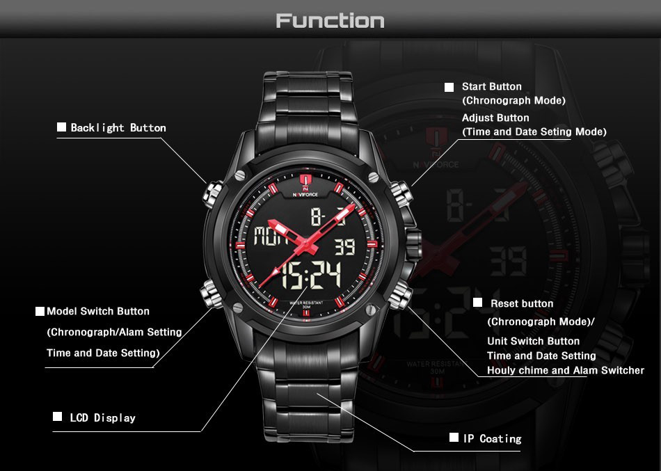 Naviforce 9050 Men Wrist Watch Water-resistant LED Digital Stainless Steel Band -Red