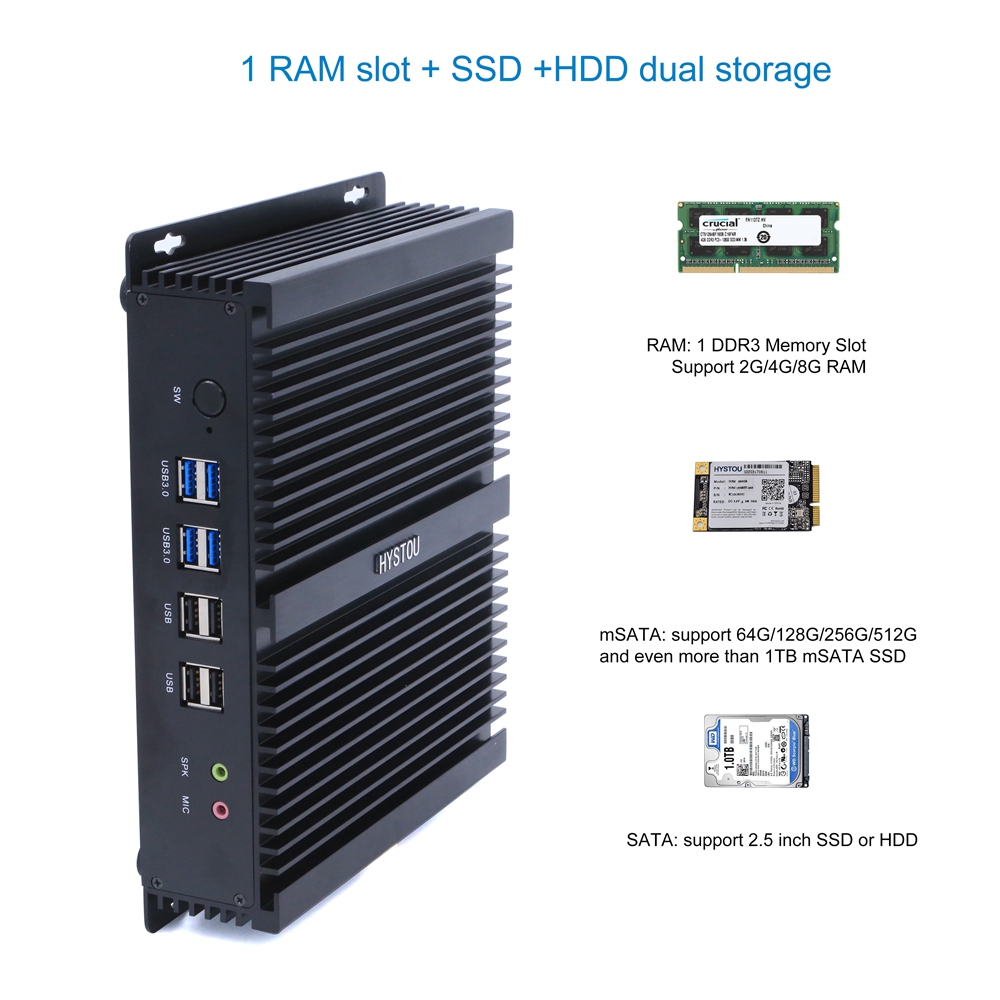 Hystou FMP04B Intel Core i3-5015U 4GB RAM 128GB SSD 4K Fanless Mini PC 2.4G WiFi Bluetooth Dual Gigabit LAN Dual HDMI 4*USB3.0 6*COM SATA