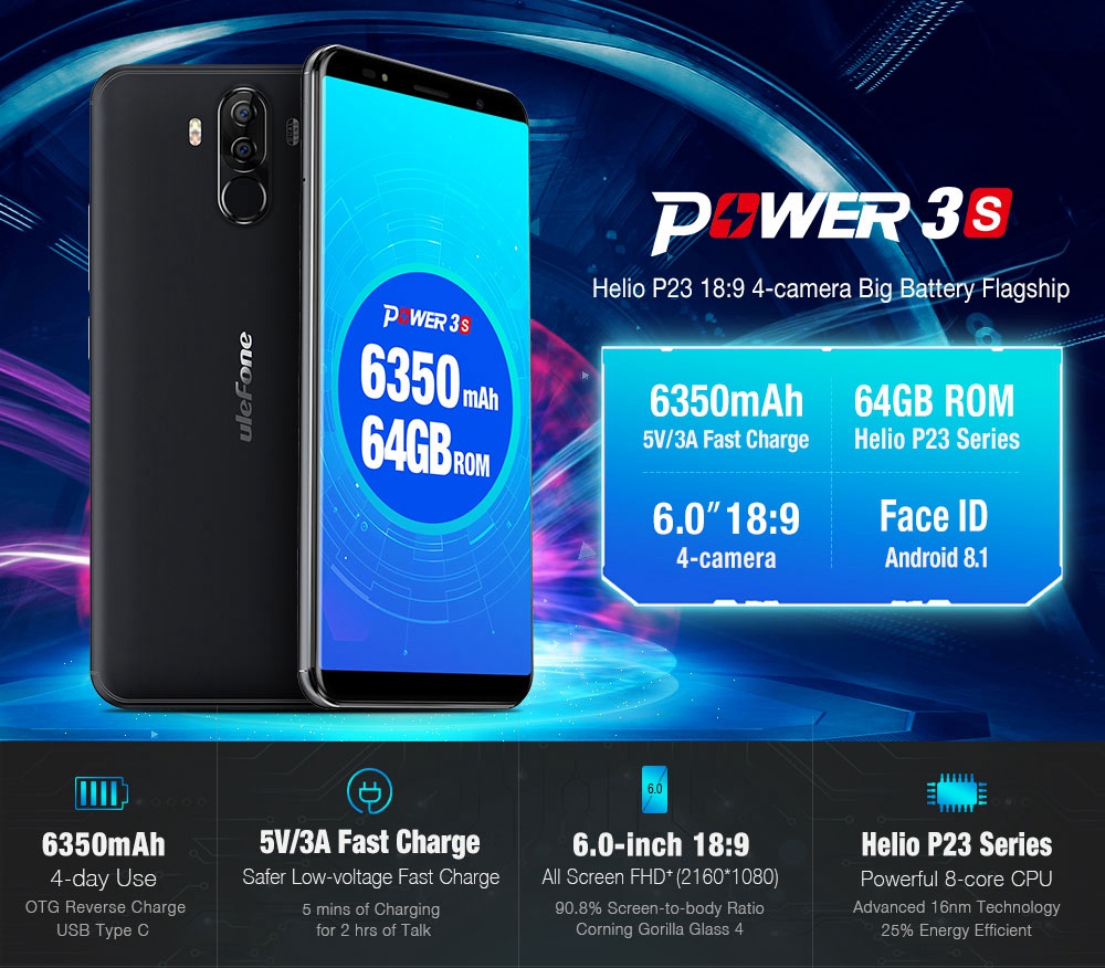 [HK Stock]Ulefone Power 3S 6.0 Inch Smartphone FHD Screen 4GB 64GB Four Cameras Helio P23 Octa Core Android 7.0 Touch ID 6350mAh - Gold