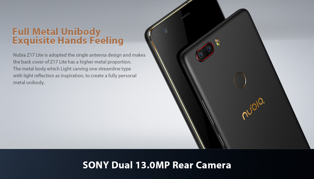[Germany Stock][Official Global Version]ZTE Nubia Z17 Lite 5.5 Inch Smartphone 6GB 64GB 13.0MP Dual Rear Camera Snapdragon 653 Octa Core Android 7.1 NFC QC3.0 Metal Body - Black Gold