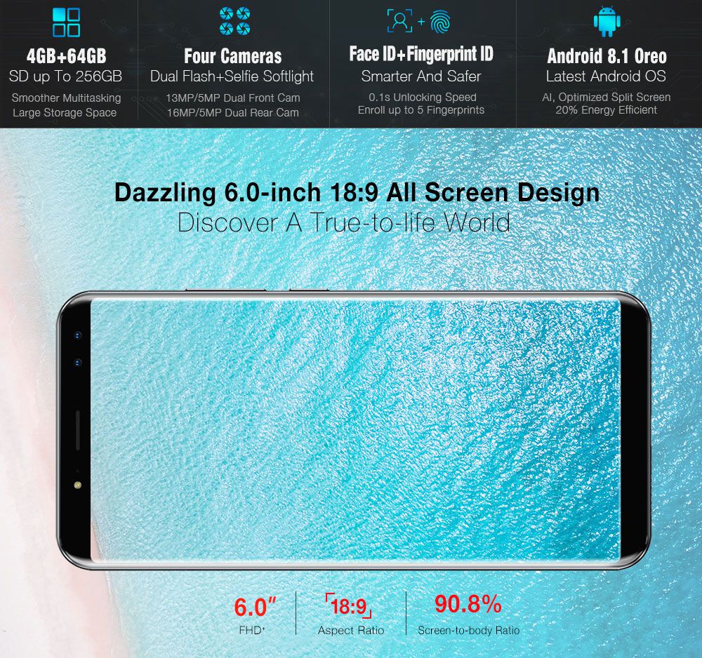[HK Stock]Ulefone Power 3S 6.0 Inch Smartphone FHD Screen 4GB 64GB Four Cameras Helio P23 Octa Core Android 7.0 Touch ID 6350mAh - Gold