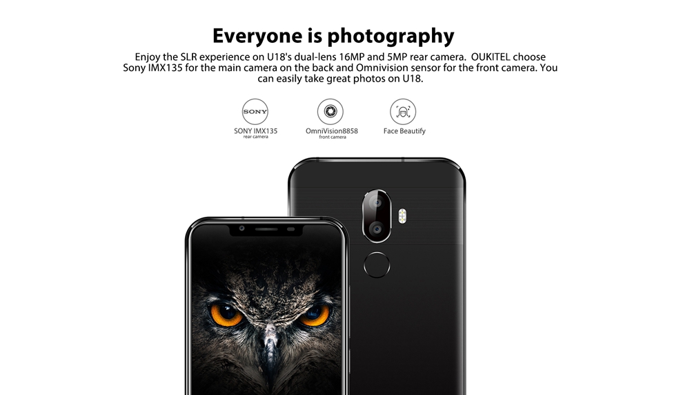 [HK Stock]OUKITEL U18 5.85 Inch Smartphone Full Screen Display MT6750T Octa Core Android 7.0 4GB RAM 64GB ROM 4000mAh Face ID - Black
