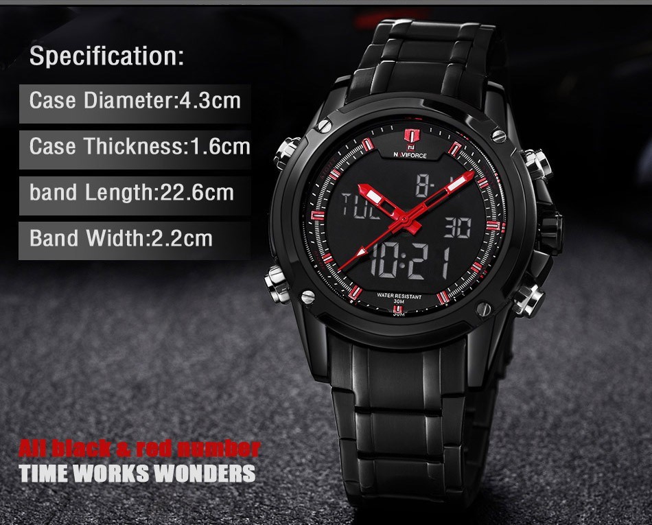Naviforce 9050 Men Wrist Watch Water-resistant LED Digital Stainless Steel Band -White