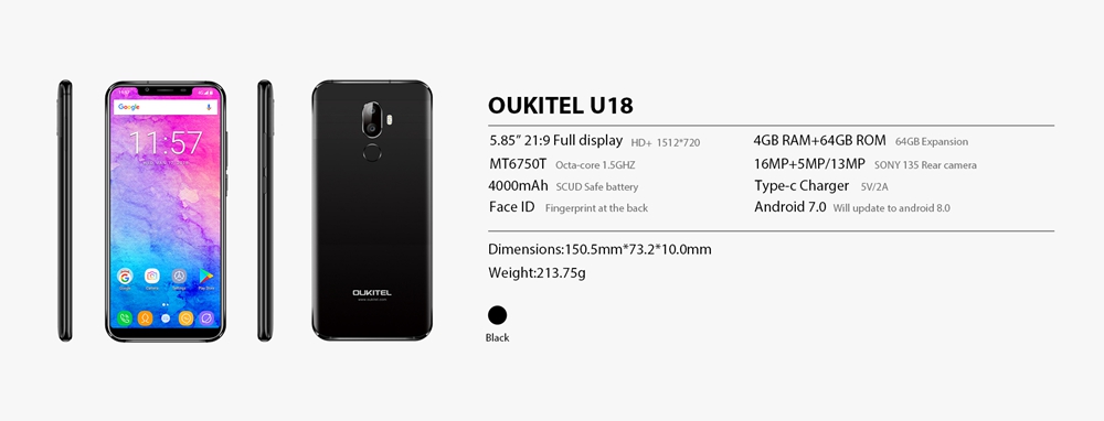[HK Stock]OUKITEL U18 5.85 Inch Smartphone Full Screen Display MT6750T Octa Core Android 7.0 4GB RAM 64GB ROM 4000mAh Face ID - Black