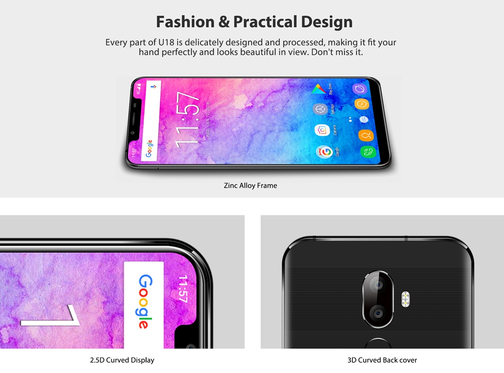 [HK Stock]OUKITEL U18 5.85 Inch Smartphone Full Screen Display MT6750T Octa Core Android 7.0 4GB RAM 64GB ROM 4000mAh Face ID - Black