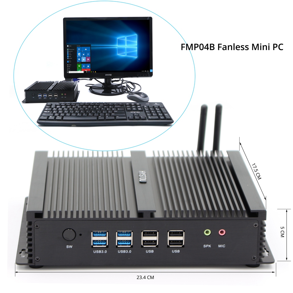 Hystou FMP04B Intel Core i3-5015U 4GB RAM 128GB SSD 4K Fanless Mini PC 2.4G WiFi Bluetooth Dual Gigabit LAN Dual HDMI 4*USB3.0 6*COM SATA