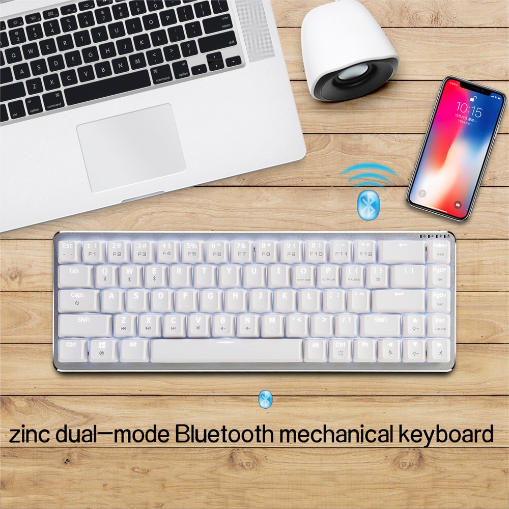 Ajazz Zinc Wired Wireless Bluetooth Mechanical Keyboard Cherry Brown Switch Aluminum Plate 68 Keys - White Silver