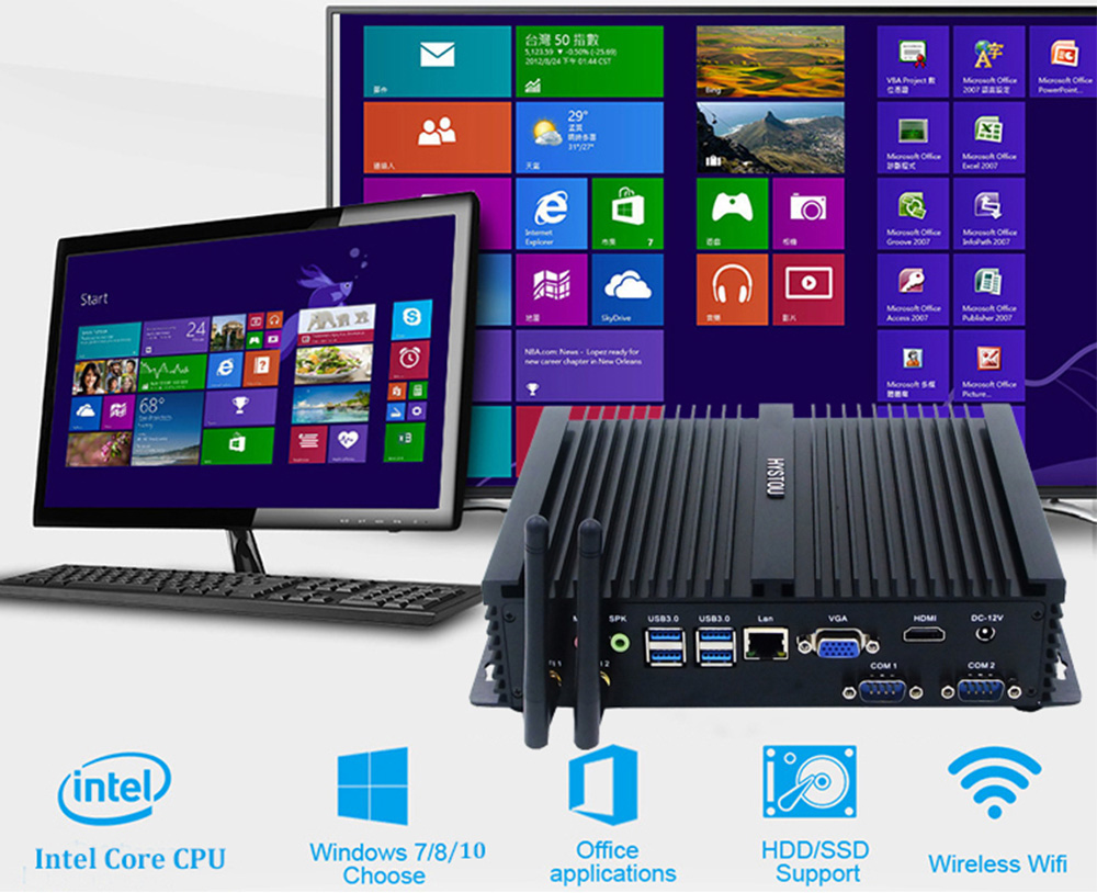 Hystou FMP04 Intel Core i3-5015U 8GB RAM 128GB SSD 4K Fanless Mini PC 2.4G WiFi Bluetooth Gigabit LAN 4*USB3.0 2*COM HDMI+VGA SATA3.0