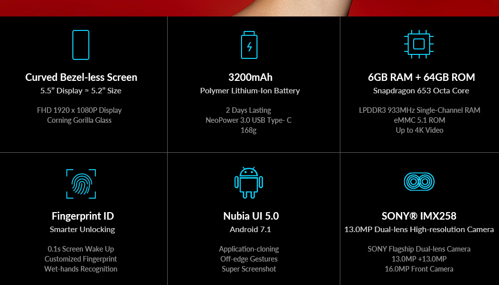 [HK Stock][Official Global Version]ZTE Nubia Z17 Lite 5.5 Inch Smartphone 6GB 64GB 13.0MP Dual Rear Camera Snapdragon 653 Octa Core Android 7.1 NFC QC3.0 Metal Body - Black Gold