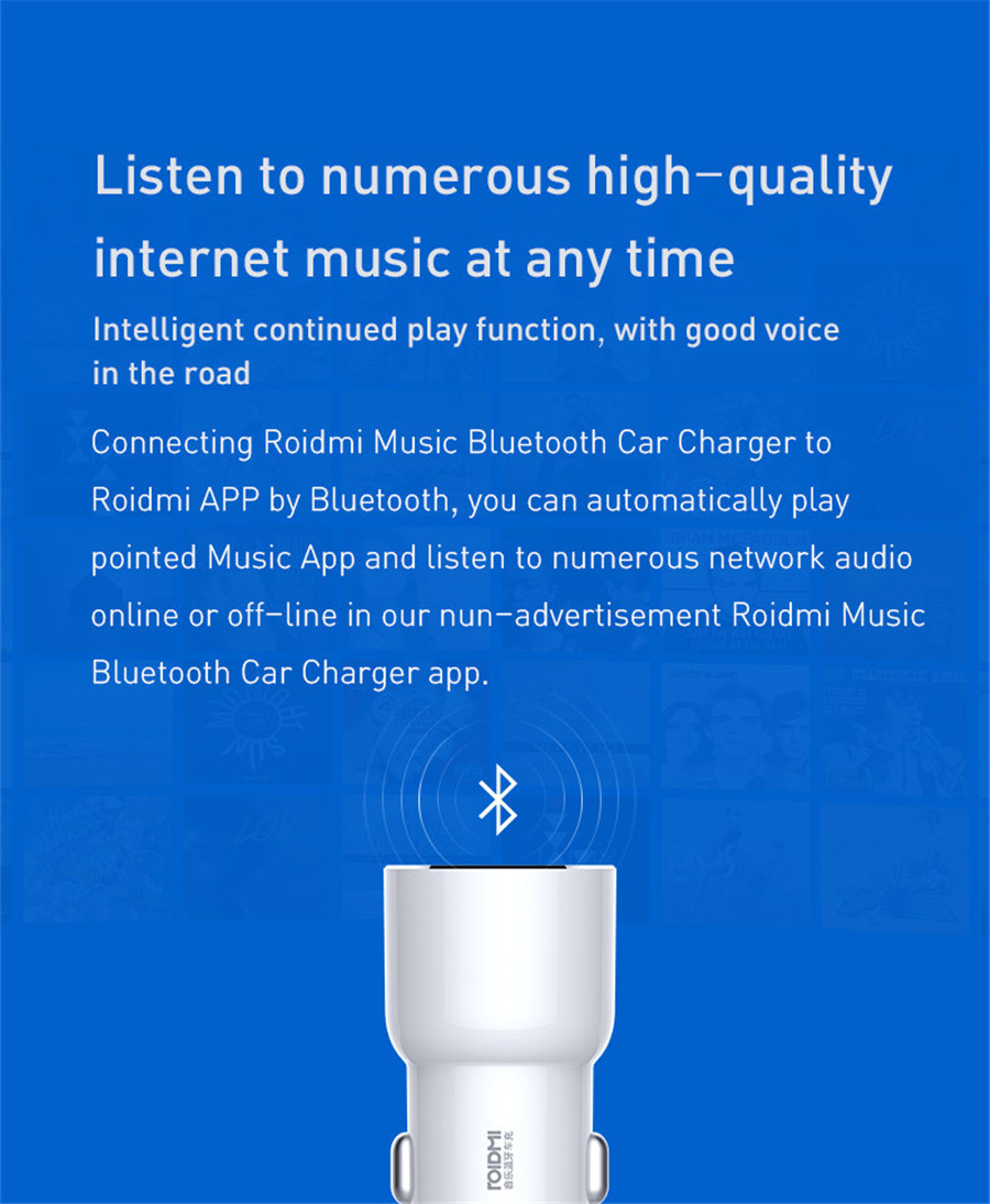 Original Xiaomi Roidmi 3S Bluetooth Car Charger Shrapnel Type Fit for All Car Brands Music Play FM Transmitter for Android&iOS - Black