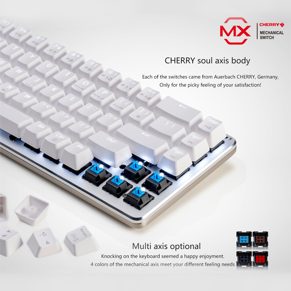Ajazz Zinc Wired Wireless Bluetooth Mechanical Keyboard Cherry Red Switch Aluminum Plate 68 Keys - White Silver