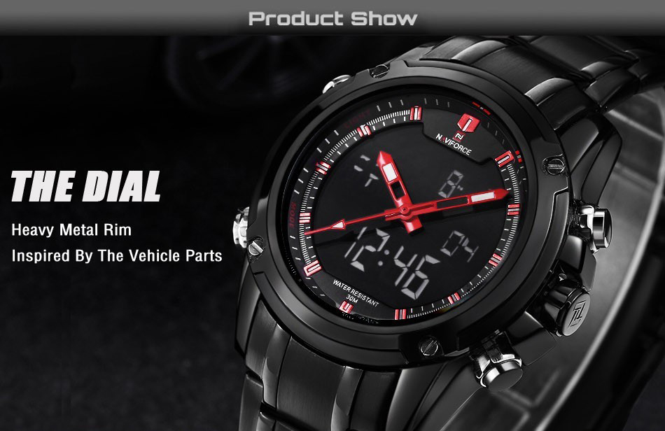 Naviforce 9050 Men Wrist Watch Water-resistant LED Digital Stainless Steel Band -Red
