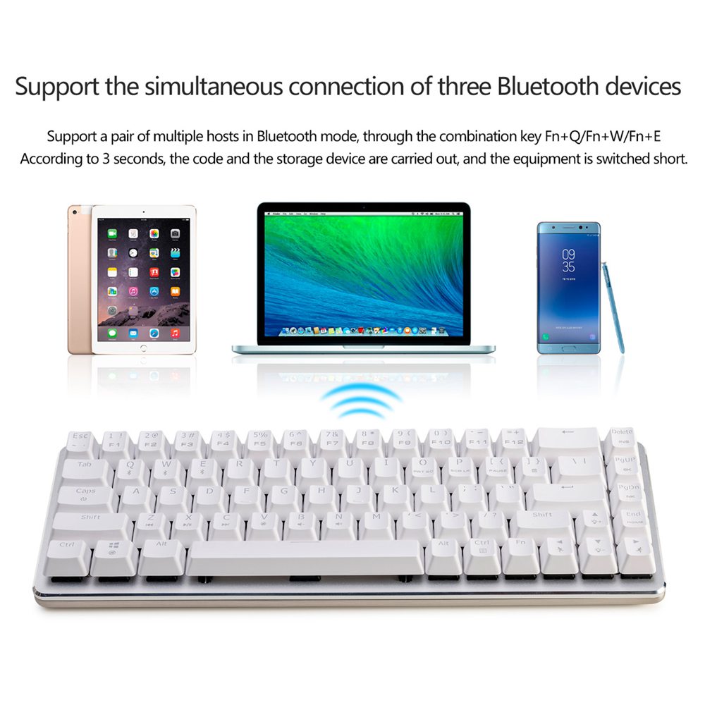 Ajazz Zinc Wired Wireless Bluetooth Mechanical Keyboard Cherry Blue Switch Aluminum Plate 68 Keys - White Silver