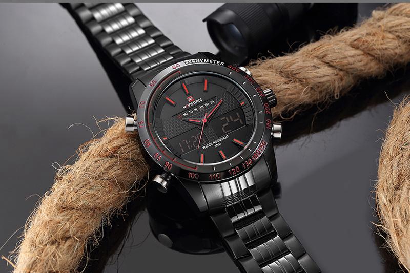 NAVIFORCE NF9024 Men Wrist Watch Water Resistant Military Dual Display Week Date -Black+Red