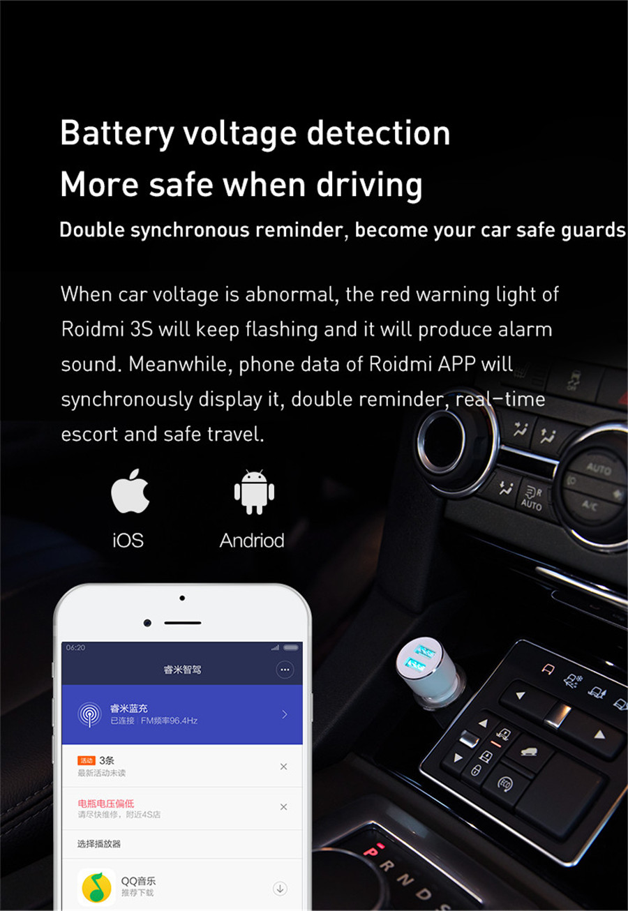 [HK Stock] Original Xiaomi Roidmi 3S Bluetooth Car Charger Shrapnel Type Fit for All Car Brands Music Play FM Transmitter for Android&iOS - Black