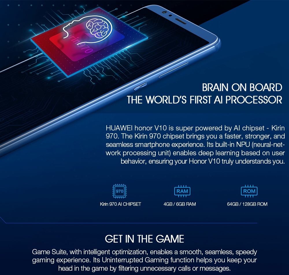 HUAWEI Honor V10 5.99 Inch Smartphone FHD+ Screen Android 8.0 6GB 128GB Kirin 970 Octa Core 20.MP+16.0MP Dual Rear Camera Touch ID NFC IR Remote Control SuperCharge - Gold