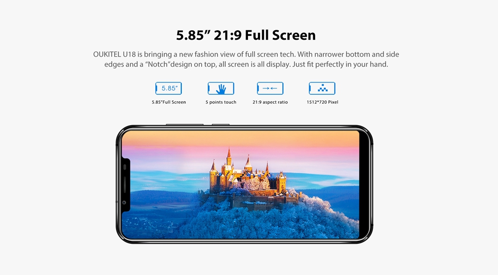 [HK Stock]OUKITEL U18 5.85 Inch Smartphone Full Screen Display MT6750T Octa Core Android 7.0 4GB RAM 64GB ROM 4000mAh Face ID - Black