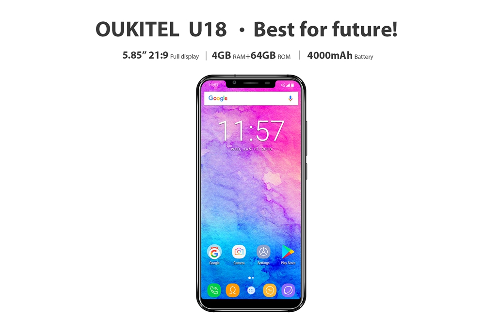 [HK Stock]OUKITEL U18 5.85 Inch Smartphone Full Screen Display MT6750T Octa Core Android 7.0 4GB RAM 64GB ROM 4000mAh Face ID - Black