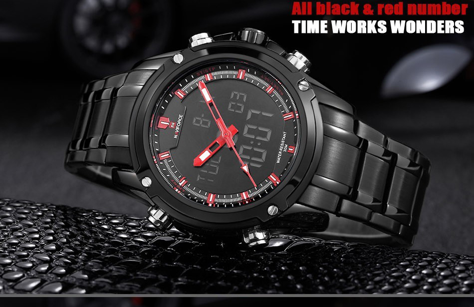 Naviforce 9050 Men Wrist Watch Water-resistant LED Digital Stainless Steel Band -Red