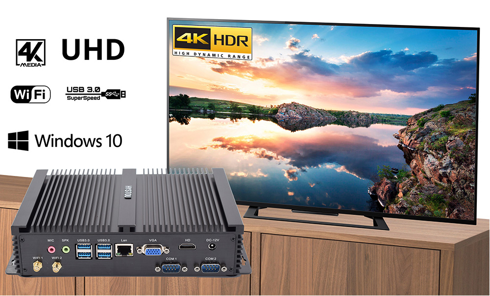 Hystou FMP04 Intel Core i7-5550U 4GB RAM 128GB SSD 4K Fanless Mini PC 2.4G WiFi Bluetooth Gigabit LAN 4*USB3.0 2*COM HDMI+VGA SATA3.0