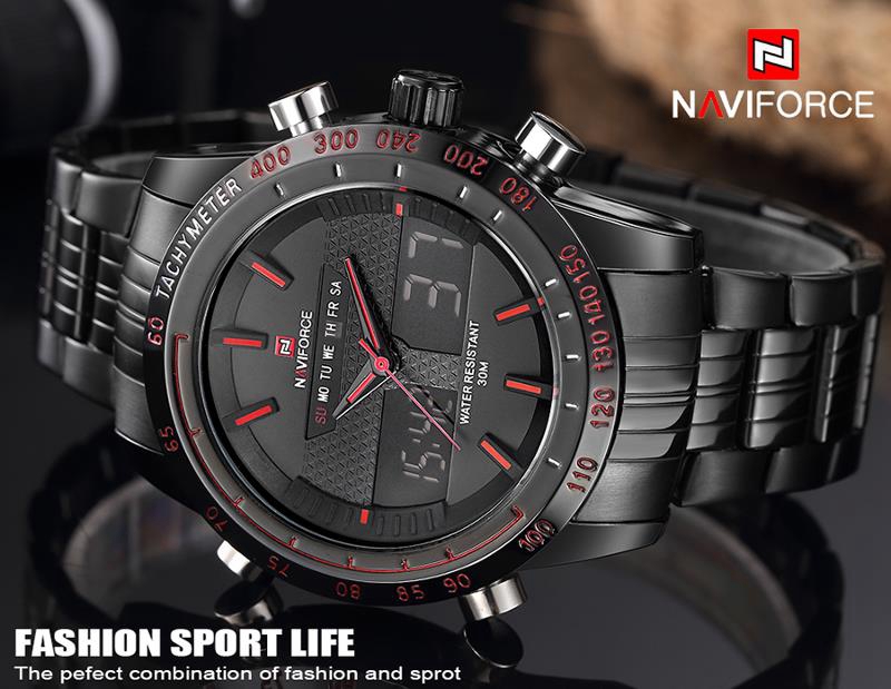 NAVIFORCE NF9024 Men Wrist Watch Water Resistant Military Dual Display Week Date -Black+Red