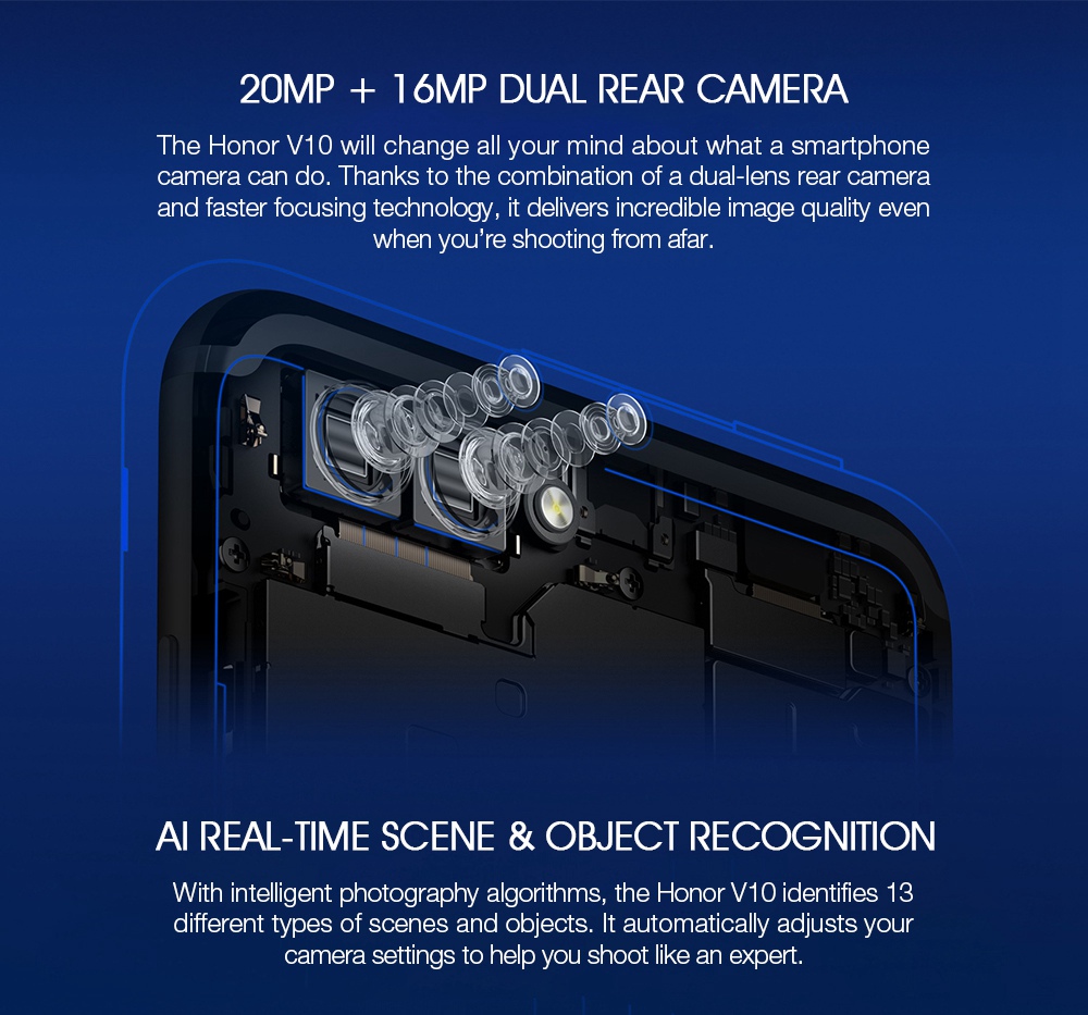 HUAWEI Honor V10 5.99 Inch Smartphone FHD+ Screen Android 8.0 6GB 128GB Kirin 970 Octa Core 20.MP+16.0MP Dual Rear Camera Touch ID NFC IR Remote Control SuperCharge - Gold