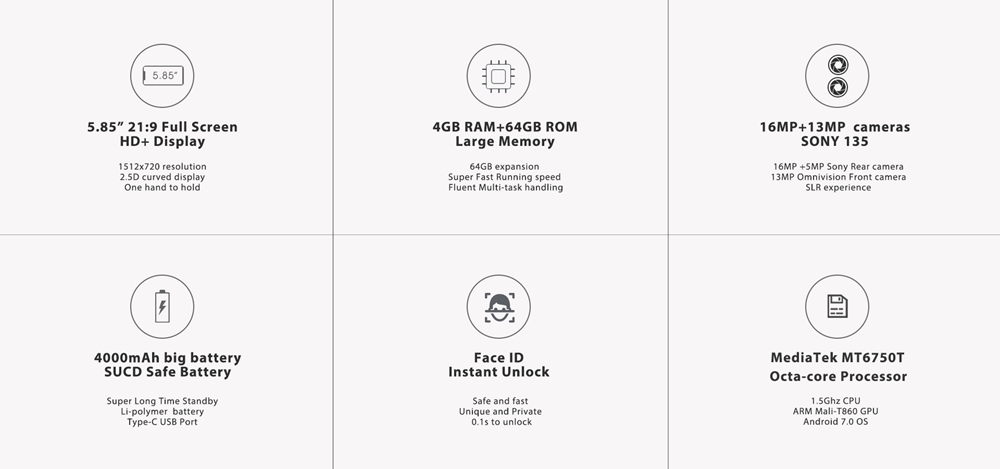 [HK Stock]OUKITEL U18 5.85 Inch Smartphone Full Screen Display MT6750T Octa Core Android 7.0 4GB RAM 64GB ROM 4000mAh Face ID - Black