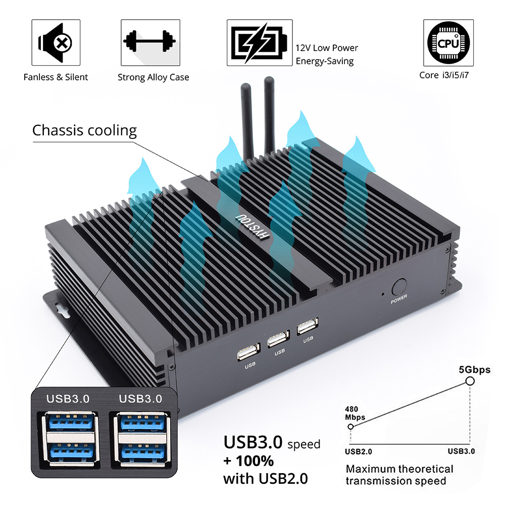 Hystou FMP04 Intel Core i7-5550U 4GB RAM 128GB SSD 4K Fanless Mini PC 2.4G WiFi Bluetooth Gigabit LAN 4*USB3.0 2*COM HDMI+VGA SATA3.0