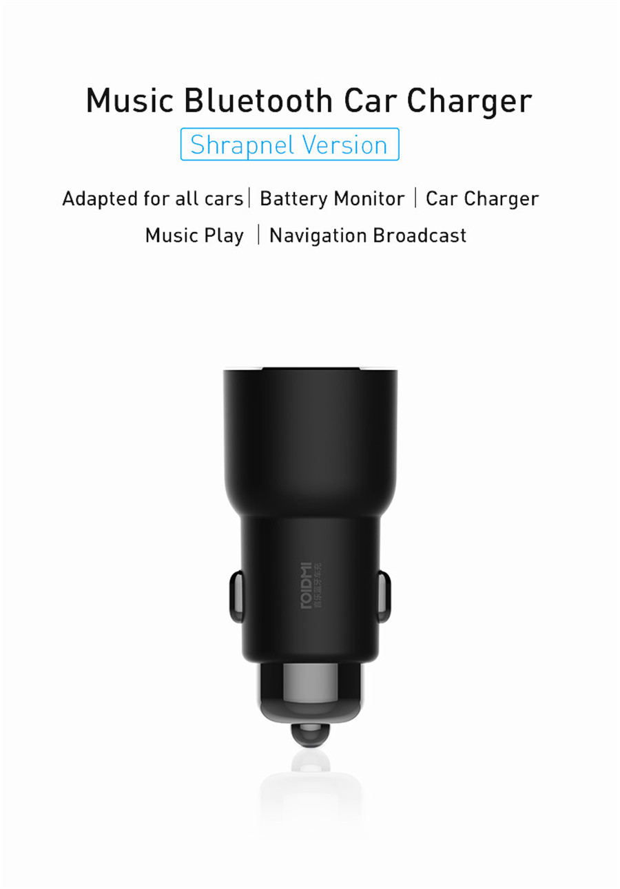 [HK Stock] Original Xiaomi Roidmi 3S Bluetooth Car Charger Shrapnel Type Fit for All Car Brands Music Play FM Transmitter for Android&iOS - Black