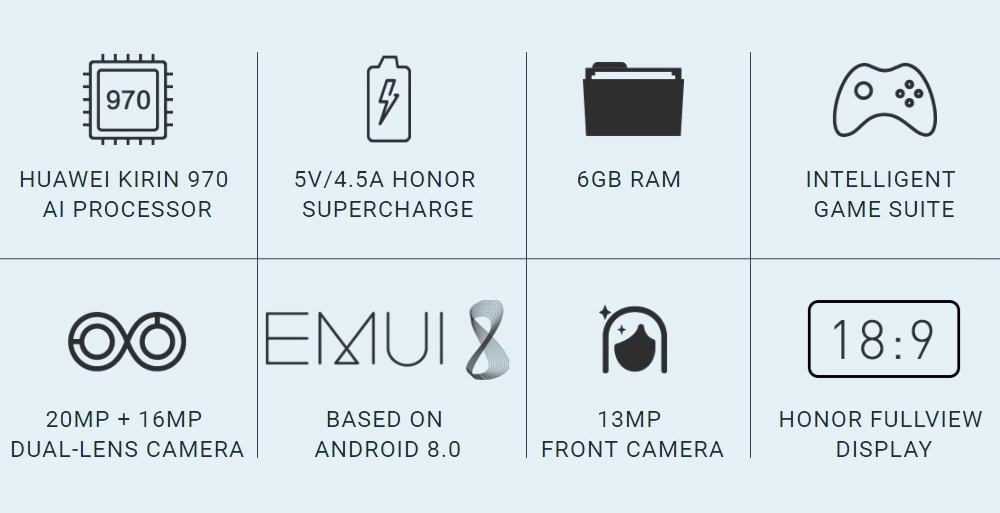 HUAWEI Honor V10 5.99 Inch Smartphone FHD+ Screen Android 8.0 6GB 128GB Kirin 970 Octa Core 20.MP+16.0MP Dual Rear Camera Touch ID NFC IR Remote Control SuperCharge - Gold